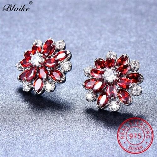 Blaike 100% Real 925 Sterling Silver Red Stud Earrings For Women Full Stone AAA Zircon Snowflake Earrings Wedding Fine Jewelry