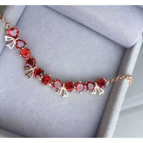 Natural red garnet gem Bracelet Natural gemstone lovely elegant bow-knot Bracelet 925 silver bracelet women girl party fine Gift
