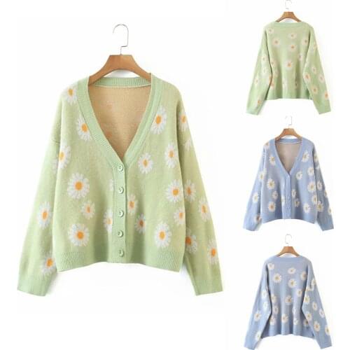 2021 New Womens Knitted Sweet Floral Sweater Cardigan V-neck Long Sleeve Casual Sweater Button High Quality Comfy Warm Blouse
