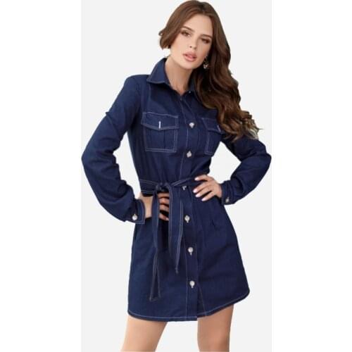 Women Denim Pockets Single Button Casual Mini Dress Long Sleeve Turn Down Collar A Line Dress 2021 Spring Women Elegant Dress