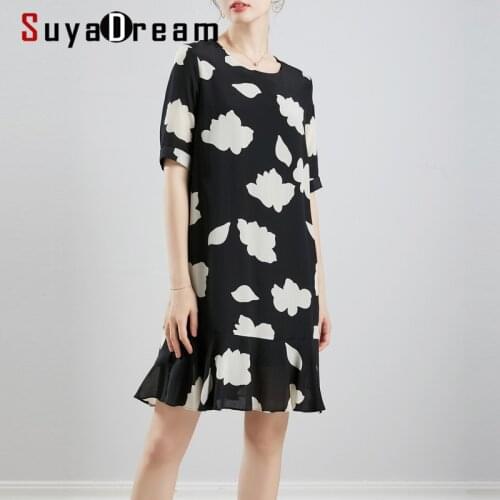 SuyaDream Woman Mini Dress 100%Silk Crepe Black Print O neck Butterfly Dresses 2020 Summer Plus Size Elegant Silk Cloth Vestidos
