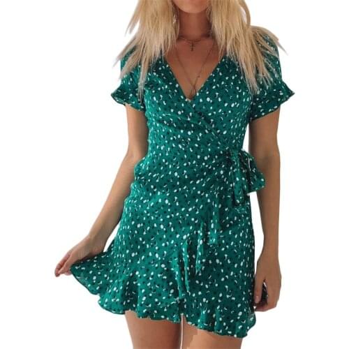 Women Ruffle Bow Tie Mini Casual Dress Summer V-neck Floral Printed Female Beach Holiday Dresses Vestidos Rz