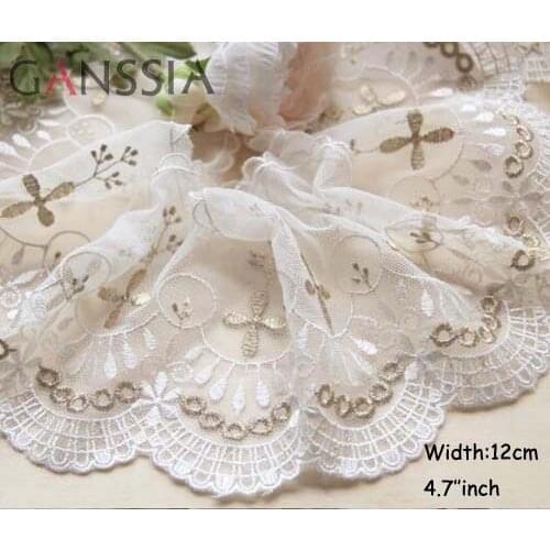 1yard Width:12cm Exquisite Wavy Flower Embroidery Lace Cotton Mesh Gold Thread DIY Handmade Garment Accessories (ss-809)