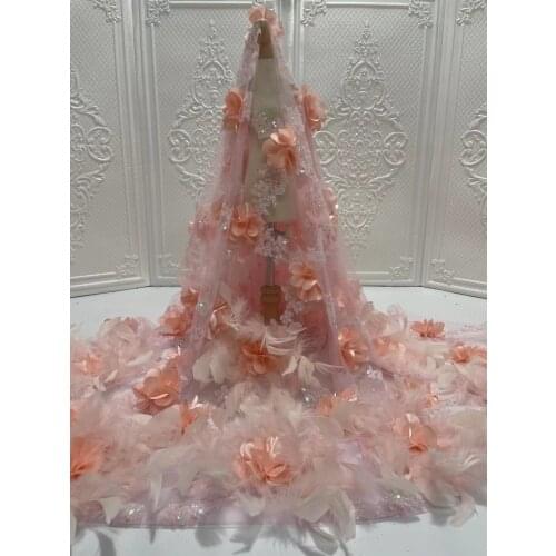 5yards/pc) Feathers French net lace 3D flowers African tulle lace fabric glued with glittering sequins for party dress FXZ072