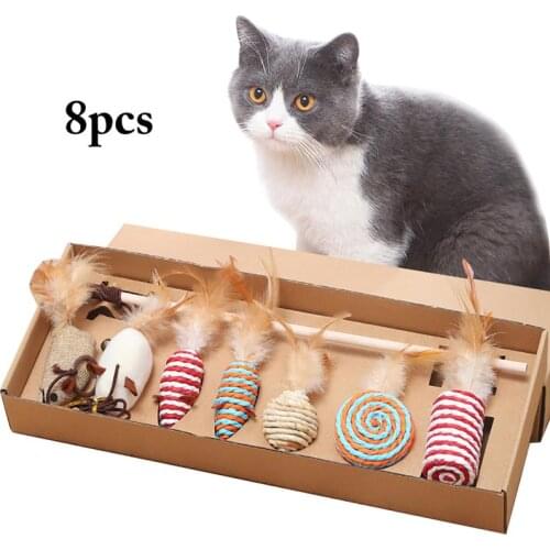 8Pcs/Set Cat Teaser Toy Mouse Decor Anti-Biting Kitten Wand Cat Interactive Toy With Feather Accessories Pet Supplies