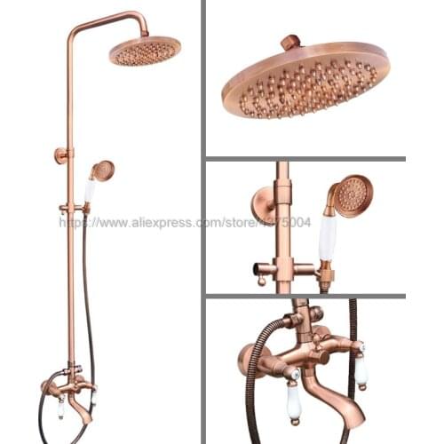 Antique Red Copper Wall Mounted 8" Rain Shower Faucet Mixer Set Swivel Tub Spout /Hand Shower / Bidet Sprayer Nrg576