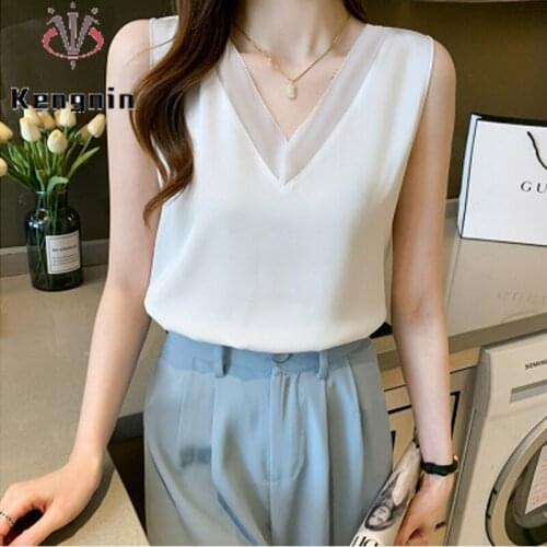 Satin Tank Womens Shirts 2021 Summer V-Neck Lace Patchwork Blouse and Shirts Sexy Sleeveless Female Tops Elegant Tee KE1545