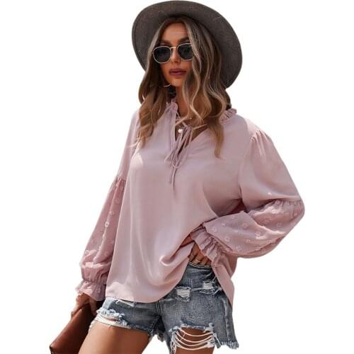 Women Blouses Spring Autumn Solid Color Patchwork Lace V-Neck Petal Long Sleeve Shirt Woman Clothing 2021 Casual Loose Y2K Tops
