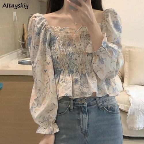 Blouses Women Print Long Sleeve Folds Elegant Lady Top Summer Square Collar Chic Korean Style Leisure Slim Holiday Sweet Casual