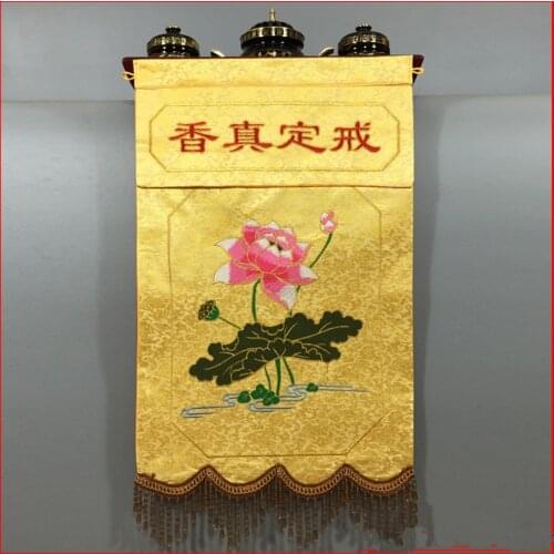Buddhism Supply Tribute Censer Handmade High Grade Pink Lotus Hang Buddhist Temple Embroidery Decoration Bless Happiness Canvas