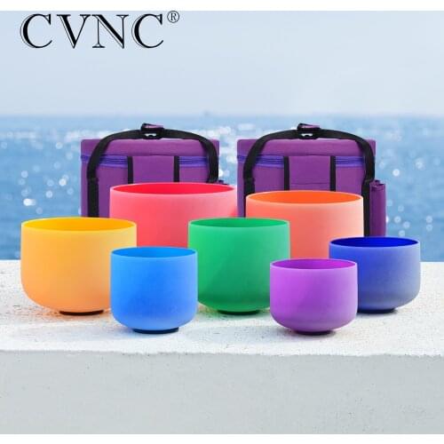 CVNC 6-12 Inch Colored Frosted Chakra Quartz Crystal Singing Bowl Set of 7pcs for Feel Connected with Free Carrying Cases