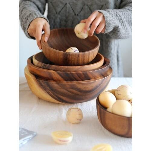 Acacia wooden bowl Japanese style wooden tableware household and basin fruit plate salad bowl whole wooden soup bowl wooden bowl