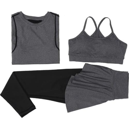 Womens Sports Suit Yoga Set Gym Compression 3 piece Short Sleeve T Shirt +bra +Running skorts Fitness Yoga Track suit Clothes