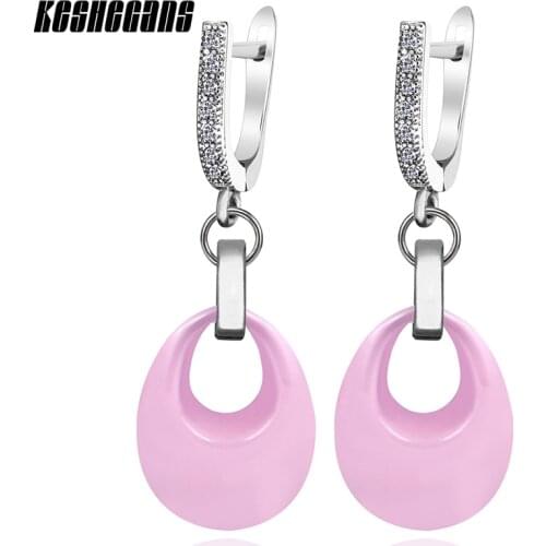 Elegant Design Water Drop Shape Earrings Cubic Zirconia Stainless Steel Black/White/Pink Ceramic Jewelry For Women Wedding Party