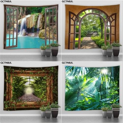 Landscape Tapestry Wall Hanging Home Decor Dream Forest Window Waterfall Scenery Tapestries Living Room Bedroom Backdrop Cloth