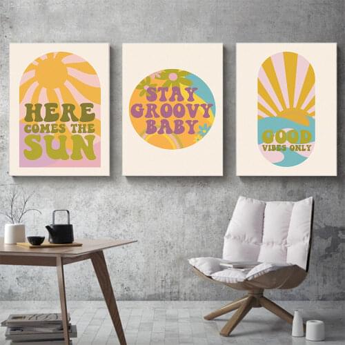 Good Vibes Only Retro Poster Here Comes The Sun Vintage Art Print Stay Groovy Baby Canvas Painting Modern Funky Wall Picture