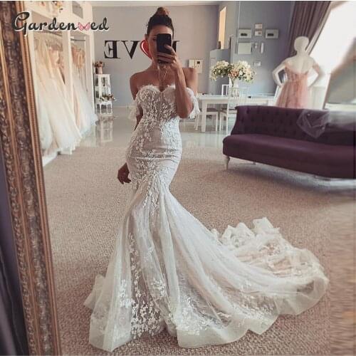 Shealth Ivory Lace Mermaid Wedding Dress 2020 Tulle Applique Scoop Wedding Dresses Long Train Bride Dress Wedding Gowns
