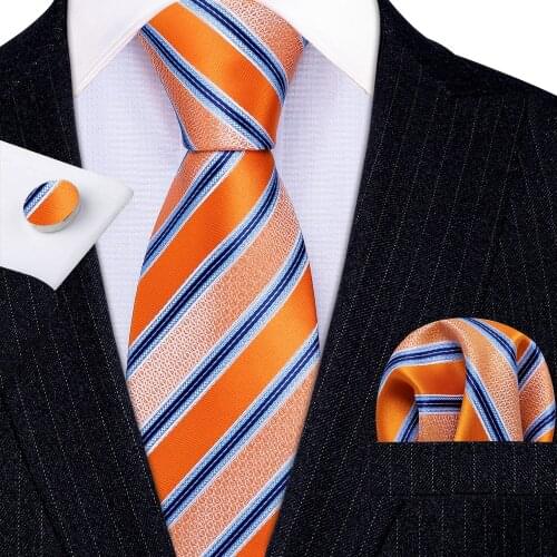Fashion New Orange Striped100% Silk Tie Gifts For Men Gifts Suit Wedding Tie Barry.Wang NeckTies Hanky Sets Business LN-5334