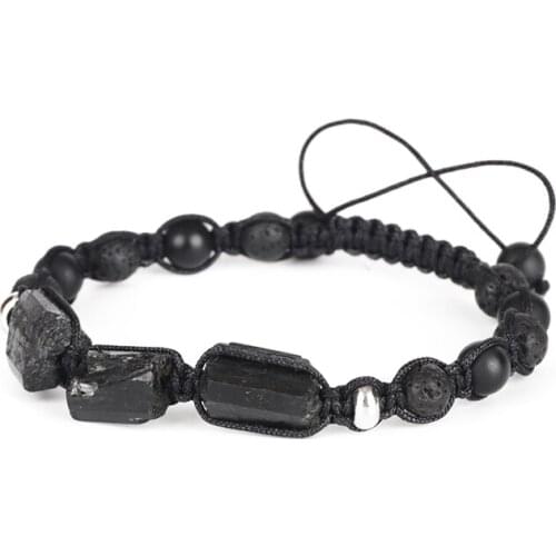 Natural Rough Black Tourmaline Healing Stone Bead Matte Onyx Alternate Lava Nylon Rope Unisex Adjustable Macrame Energy Bracelet