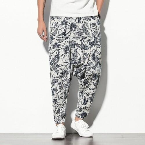 Nepal Style Men Casual Pants Harem Pants Loose Casual Drawstring Male Cross-pants Casual Geometric Printed Baggy Trousers Summer