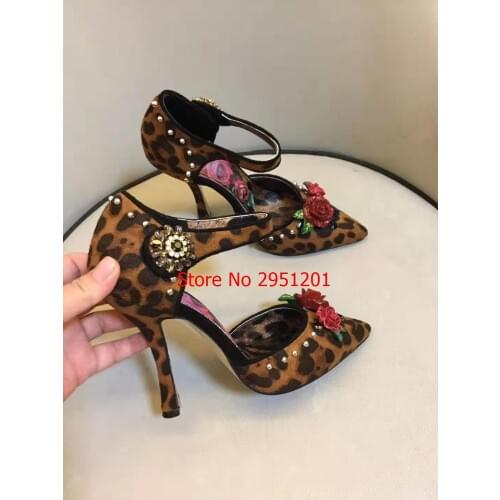 New Leopard Print Rose Flower Party Heels Woman Crystal Buckle Thin High Heel Pumps Ankle Strap Dance Shoe Zapatos De Mujer