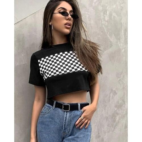 Summer Womens New Checkerboard Print Loose Short T-shirtes Short Sleeve Tops Checked Crop Tee Harajuku Y2k Anime Blusas Goth