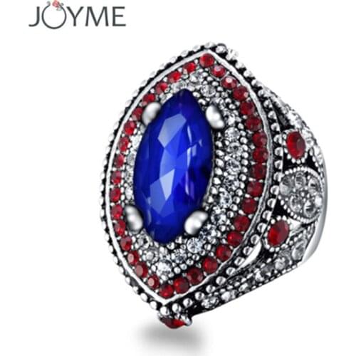Newest Fashion Accessories Luxury Vintage Jewelry Big Wedding Rings For Women Silver Color Mosaic Blue White Red Crystal Ring