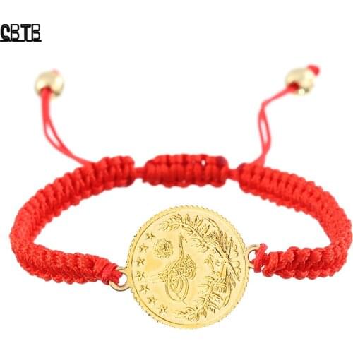 Wholesale Hand-woven Adjustable Red Lucky Bracelet Oman Gold Coin Bracelet Muslim Women Jewelry Gift Turkish Totem Coin Bracelet
