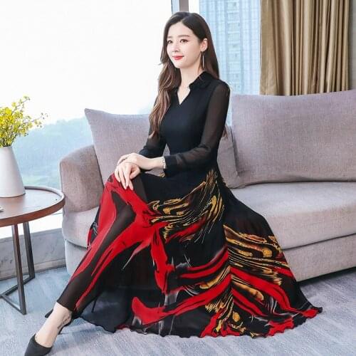 Autumn new fashion print over the knee long section slim slim long-sleeved temperament elegant womens chiffon dress Dresses