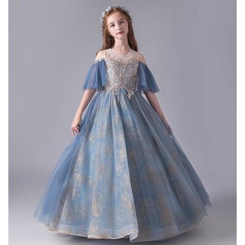 Golden Lace Embroidery Girl Wedding Party Flower Girl Dress Long Tulle Kids Princess Pageant Gowns Girl First Communion Gown