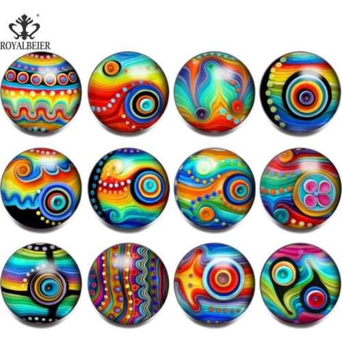 ROYALBEIER 12pcs/lot Colorful Mixed Color Rainbow Round Glass Cabochon Buttons Jewelry Finding Cameo Pendant Settings KZ0859b