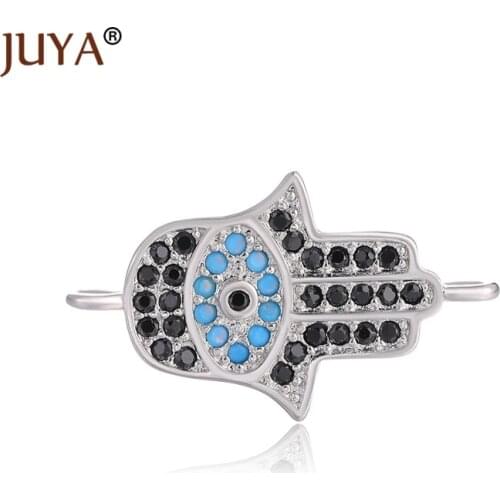 Evil Eye Hamsa Hand Charm Connectors DIY Bracelet Necklace Findings Jewelry Making Supplies Copper Metal Inlay Black Blue CZ