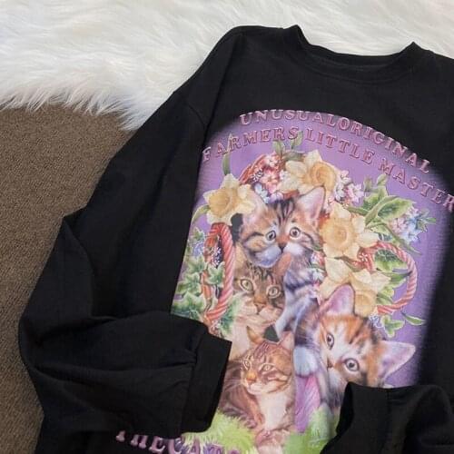 New Hip Hop Funny Cats Printed Sweatshirts Vintage Streetwear Long Sleeve Tops Kawaii Clothes for Teens 2021 New Korean Fashion