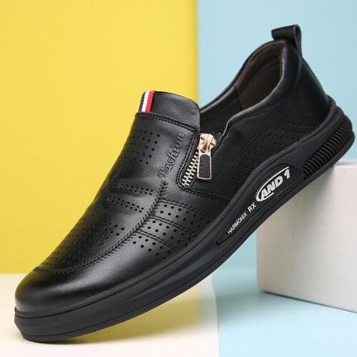 Mens Shoes Fashion Casual Genuine Leather Shoes Professional Party Comfortable Men Slip-on Hollowed-out Breathable Shoes