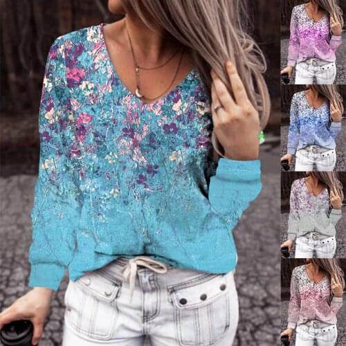2021 Autumn V-Neck Long Sleeve T-shirt Retro Flower Print Tops Casual Loose Pullover Fashion Streetwear Womens Sweater