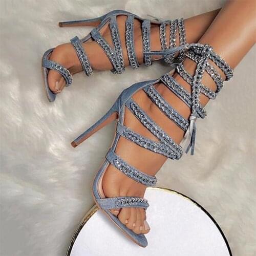 Ladies Tassel Open Toe Gladiator Rope Sandals Boots Embellished Dress High heels Gray Black Fringe Strappy Party Women Shoes