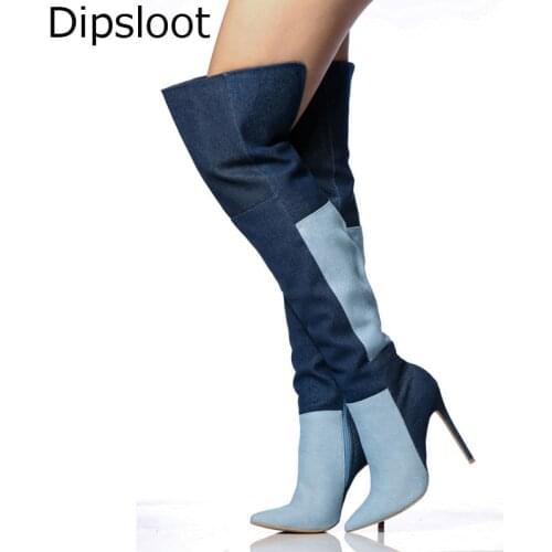 Women Vintage Frazzle Stretch Denim Over Knee Boots Platform Thin High Heel Mixed color Thigh Cowboy Slim Leg Botas Shoes