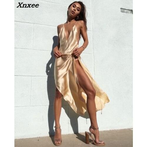2018 Summer Dresses Women Sexy Satin V Neck Spaghetti Strap Beach Dress Vestidos High Split Long Dress Club Party Dress Xnxee