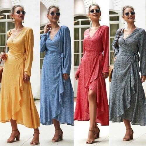 2021 Summer Women Dresses Long Sleeve Beach Printing Elegant Long Dress V-Neck Bohemian Floral Dress Vestido Festa
