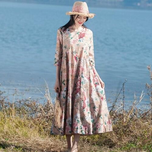Women Cotton Linen V Neck Half Sleeve Spring Summer Dress Ladies Printed Floral Loose Dresses Female Korean Dress 2020
