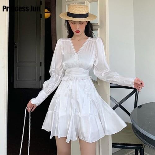 Women Fashion Solid Black Whitemini Dress Vestidos New Long Sleeve Sexy Backless Deep V Neck Mini Dress High Waisted Retro Dress