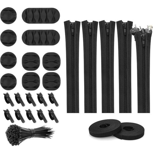 127Pcs Cord Management Organizer Kit,Cable Sleeve with Zipper,Self Adhesive Cable Clip Holder,Roll Self Adhesive Tie,Etc