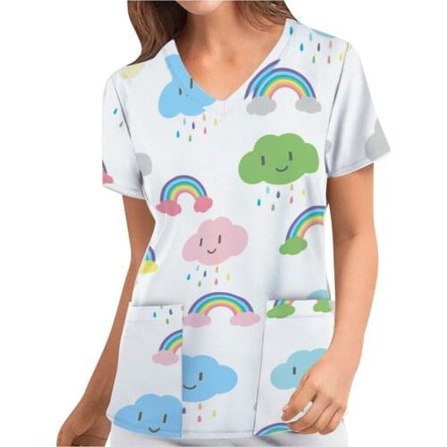 Hospital Laboratory Women Rainbow Print Working Uniform With Pocket Cute Graphic Tee Nursing Scrubs Tops Gorro Enfermera A50