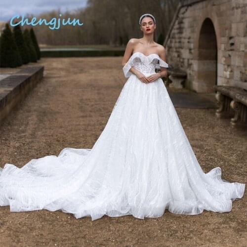 Chengjun 2020 Designs A-line Glitter Net Tulle Bride Off Shoulder Wedding Dress
