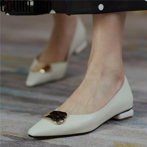 COVIBESCO Fashion Metal Decoration Shoes For Women Genuine Leather Classic Design Low Heels Pumps Wedding Prom Shoes Woman