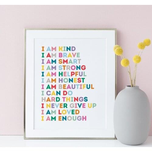 Kids affirmation wall art canvas painting wall art decoration I am a kind of me enough color poster kids room playroom wall dec