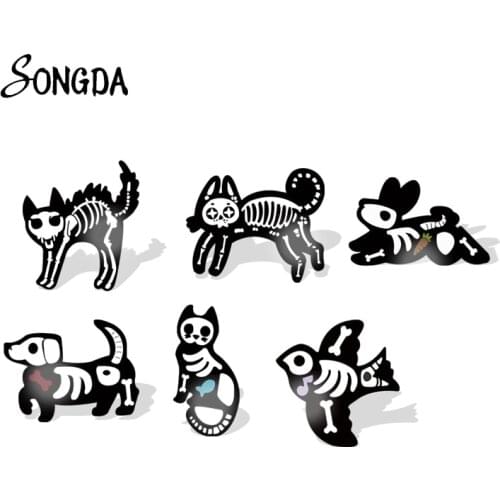 Animal Skeleton Brooches Enamel Cat Dog Bird White Bone Badge Acrylic Lapel Pins Resin Denim Clothes New Handcraft Jewelry Gifts