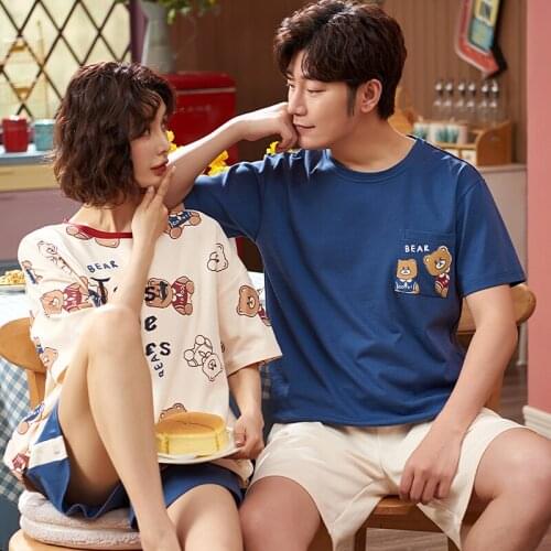 Cotton Couple Pajamas Kawaii Bears Cartoon Short Sleeve Pajamas For Women Men Summer Leisure Couple Matching Plus Size Nightwear