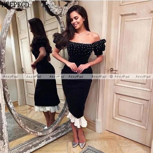 Short Black Prom Dresses Off The Shoulder White Pearls Elegant Evening Party Gowns Plus Size Women Formal Dress Robe De Soiree