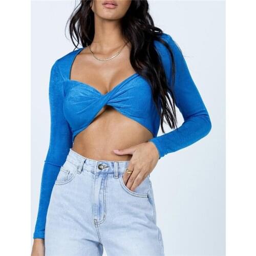 Autumn Summer Crop Tops Women Solid Color Long Sleeeve Twist V Neck Slim Fit T-shirts Ladies Fashion Streetwear Clothes 2021